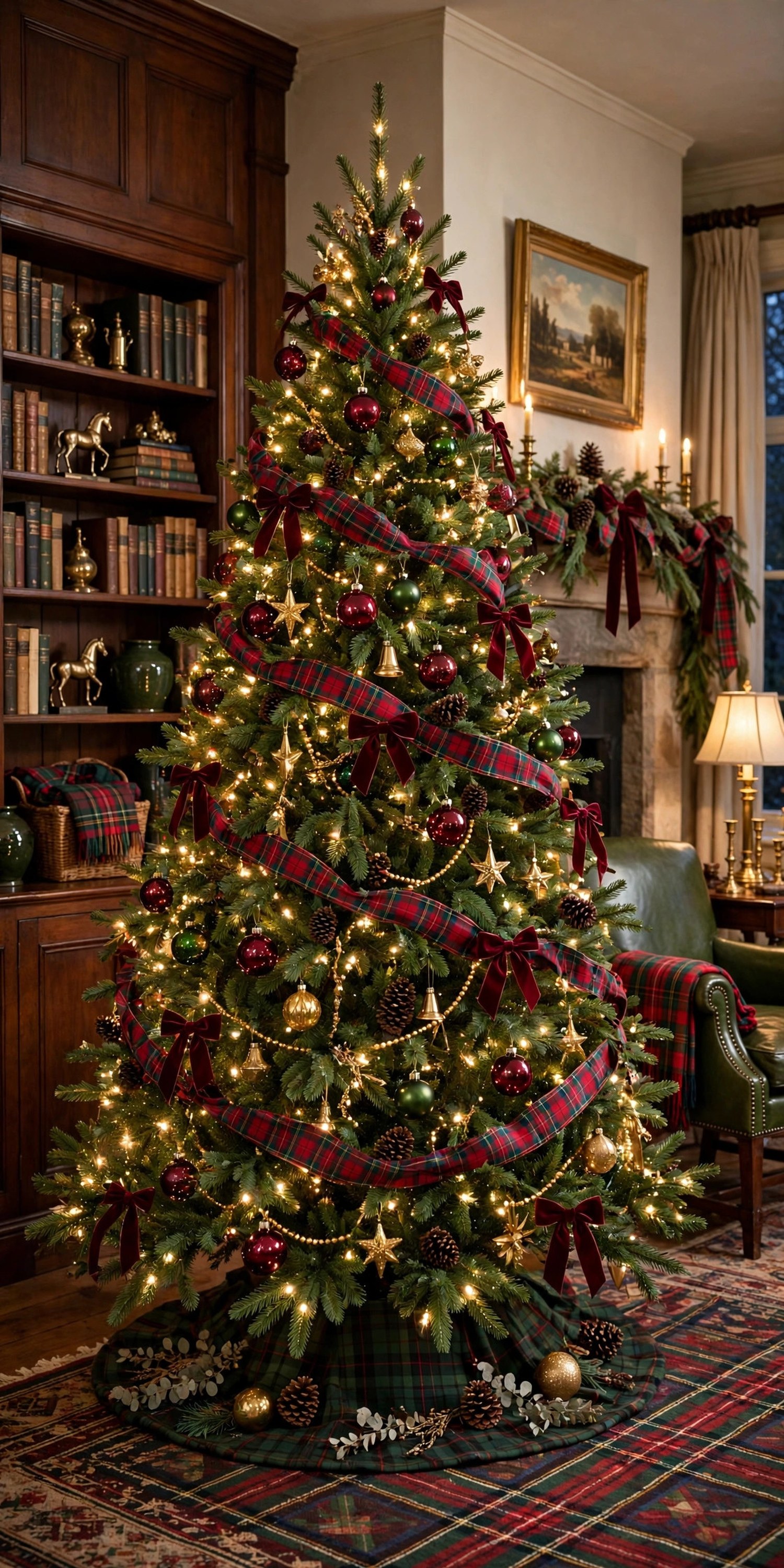 Christmas tree with tartan plaid ribbon, burgundy velvet bows, pinecones, and red and green ornaments