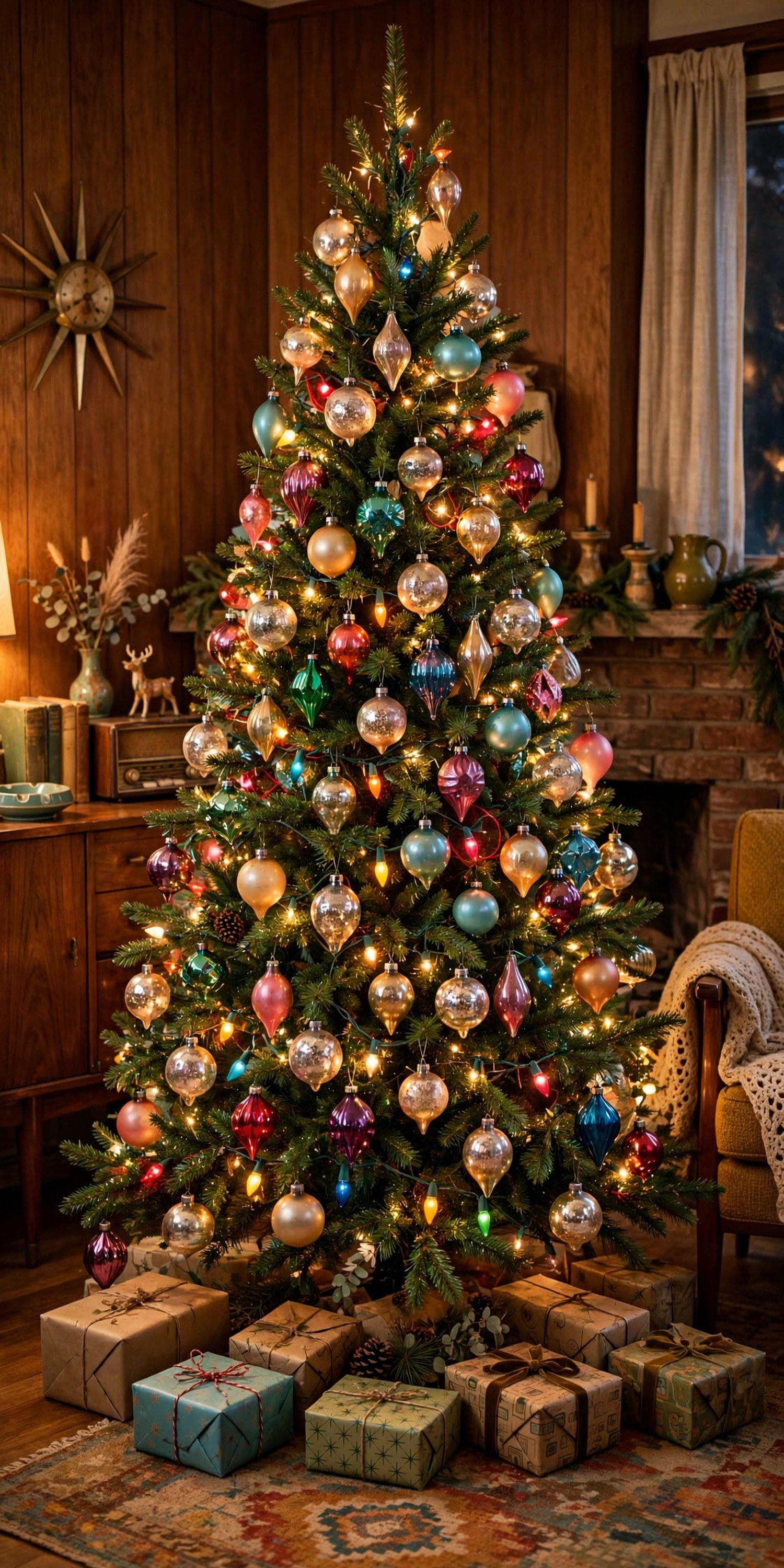 Christmas tree with vintage mercury glass and retro jewel-colored ornaments and multicolor retro lights