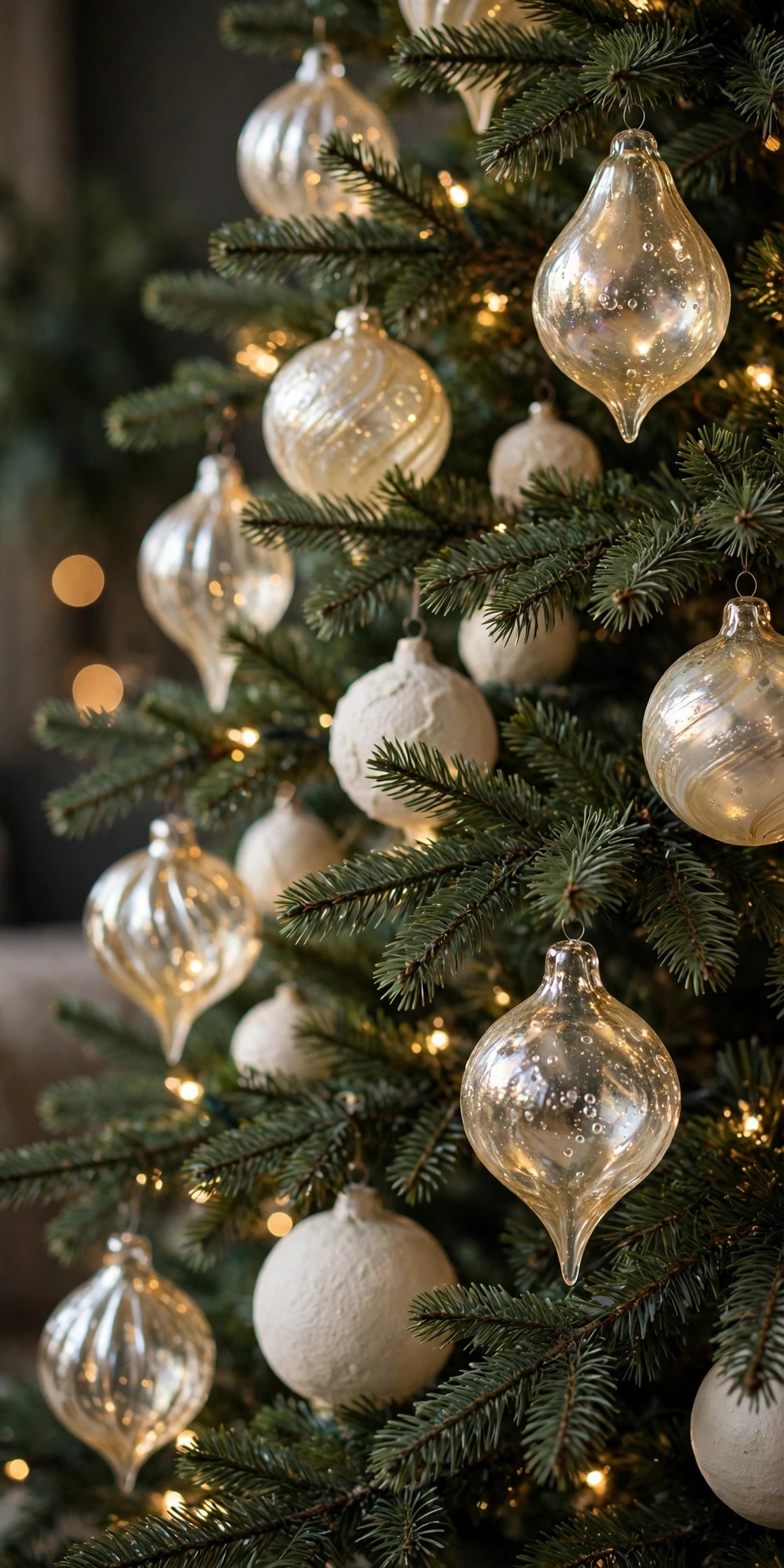 Close-up of hand-blown glass finial ornaments beside matte cream ceramic ornaments on a Christmas tree