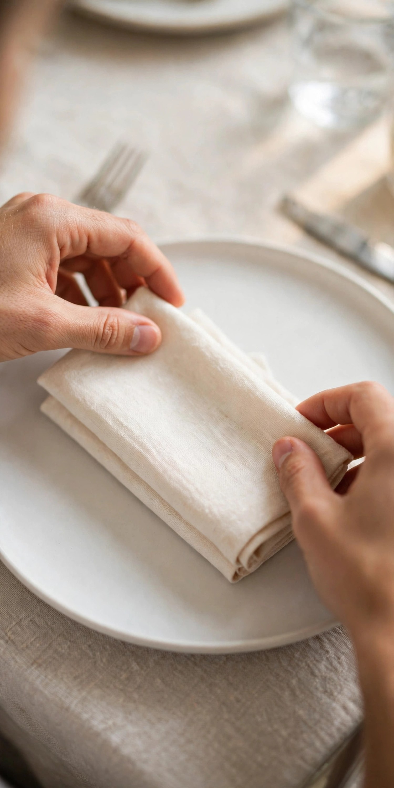 Hands placing a folded napkin on a plate while setting the table