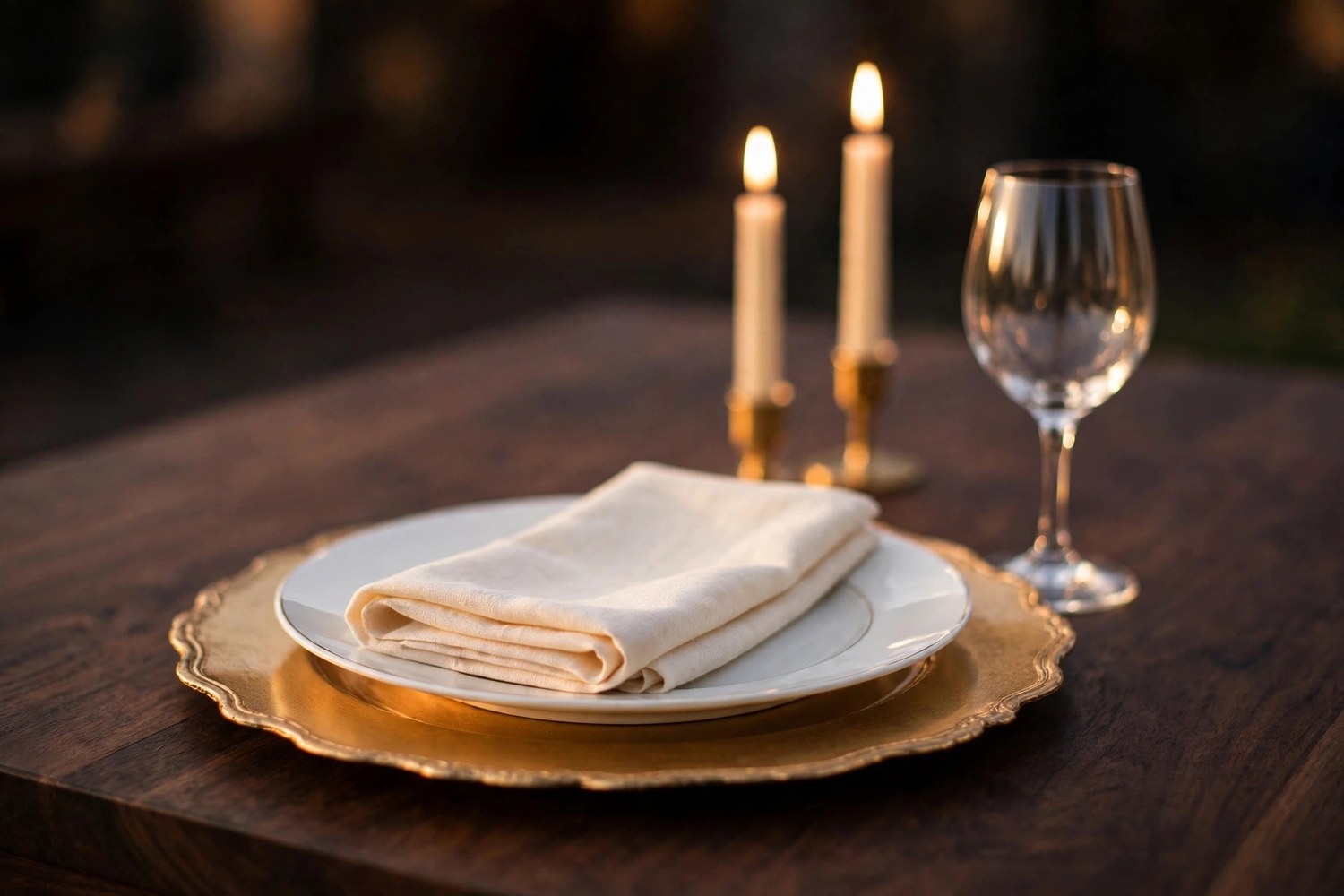Elegant Thanksgiving place setting with gold charger, folded napkin, wine glass and glowing candles