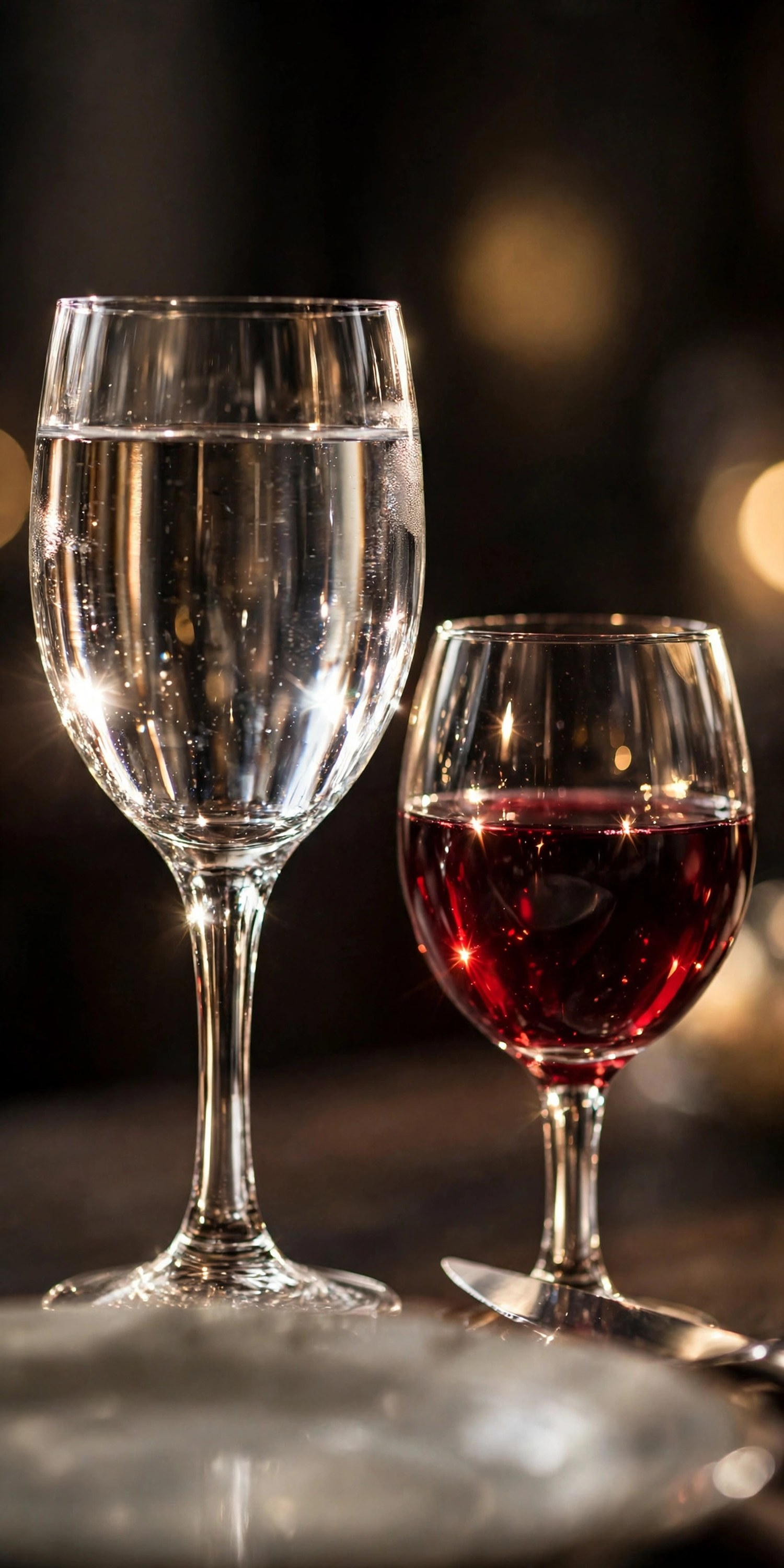 Polished wine and water glasses catching candlelight