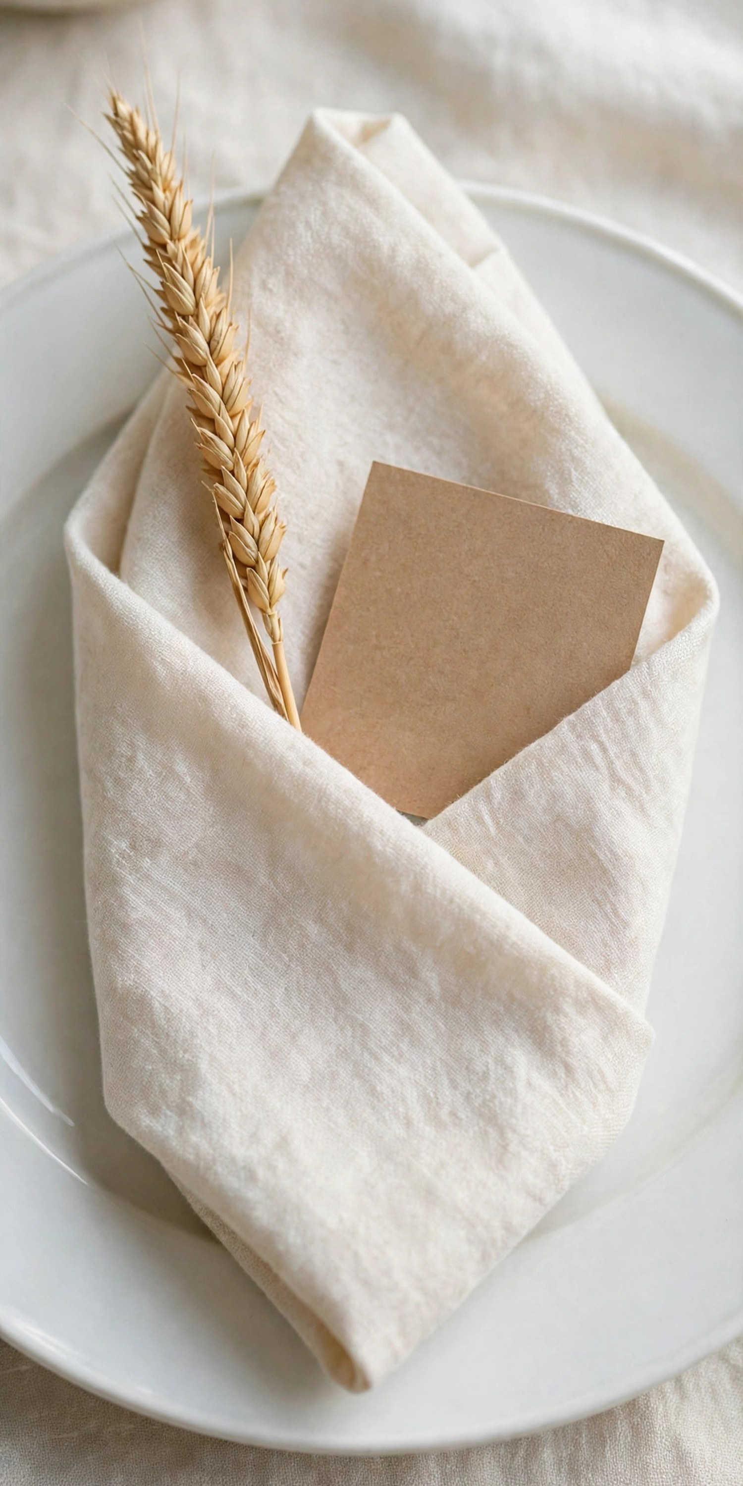 Pocket fold napkin holding wheat stalk and kraft menu card