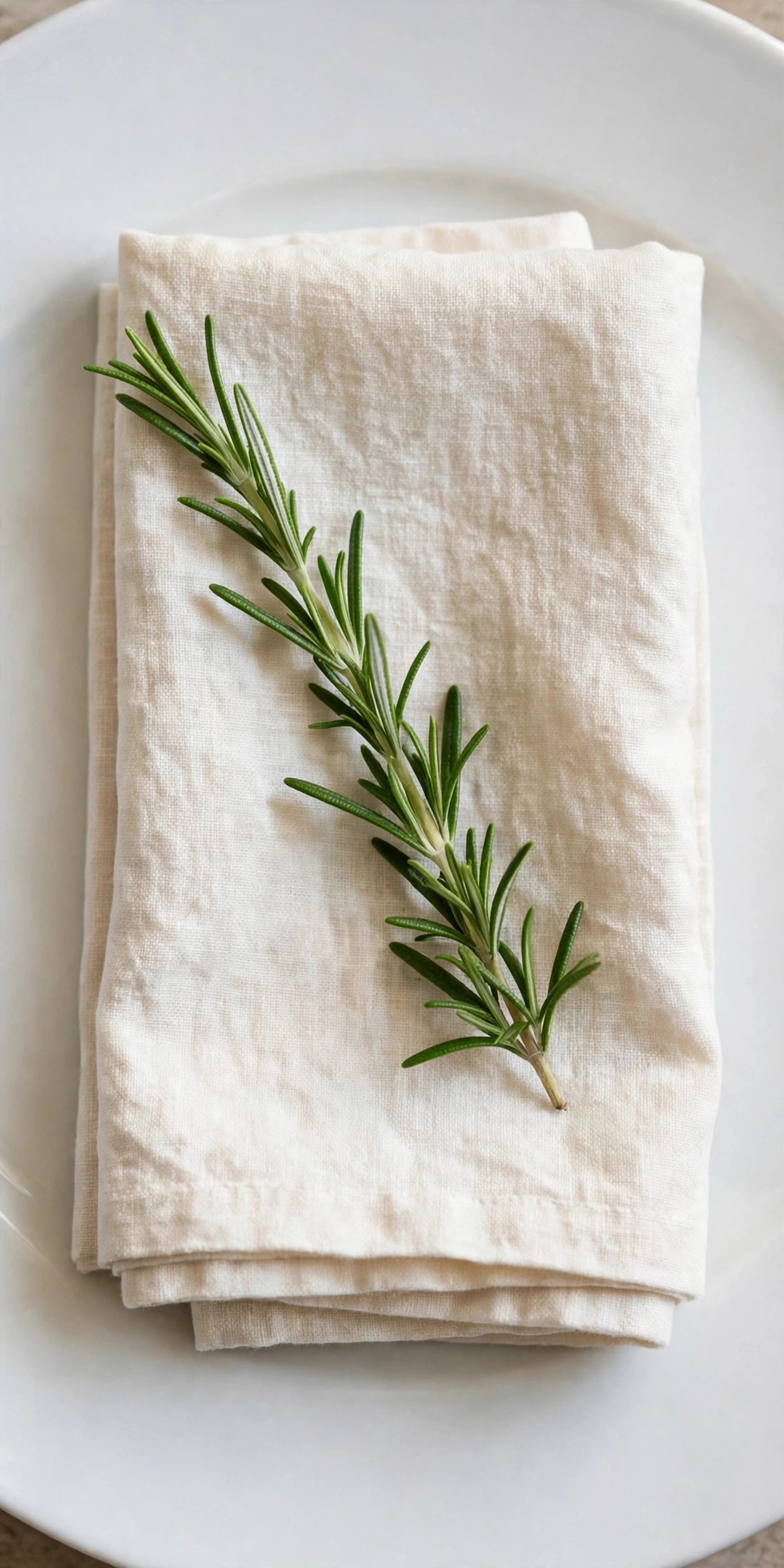 Fresh rosemary sprig laid across a folded cream napkin