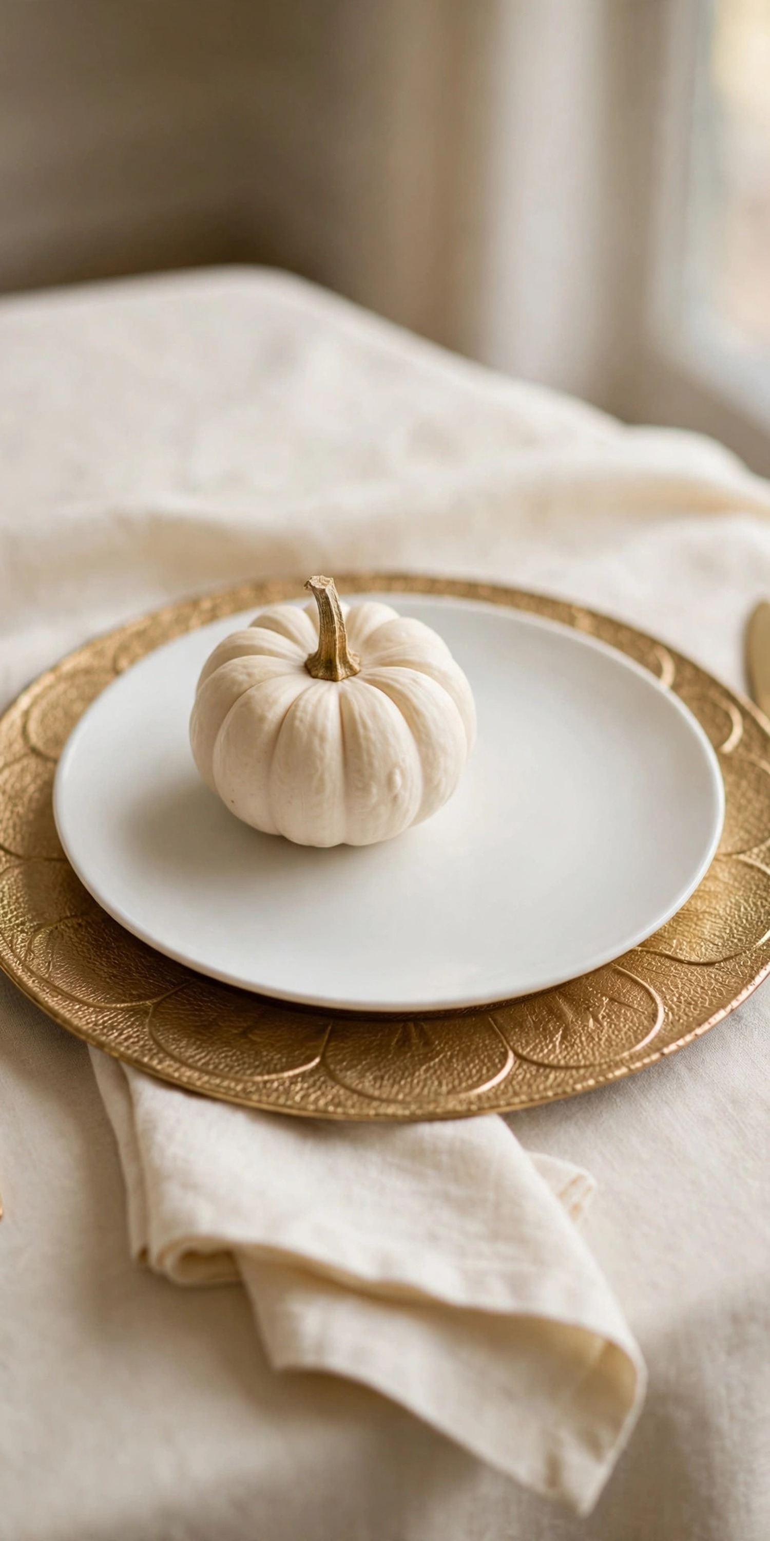 Close-up of elegant Thanksgiving place setting with gold charger and white pumpkin