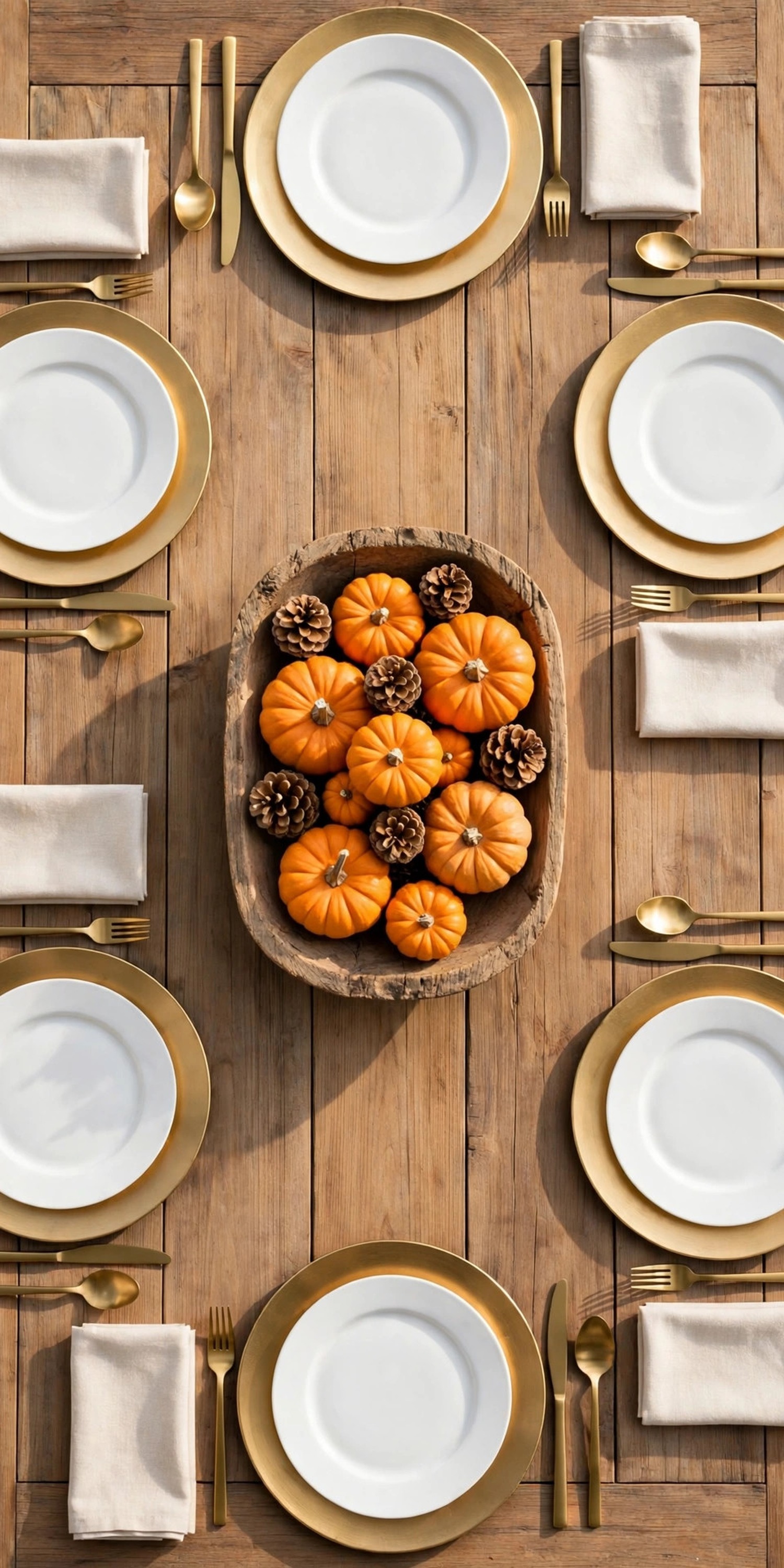 Overhead view of a complete Thanksgiving dinner table with centerpiece