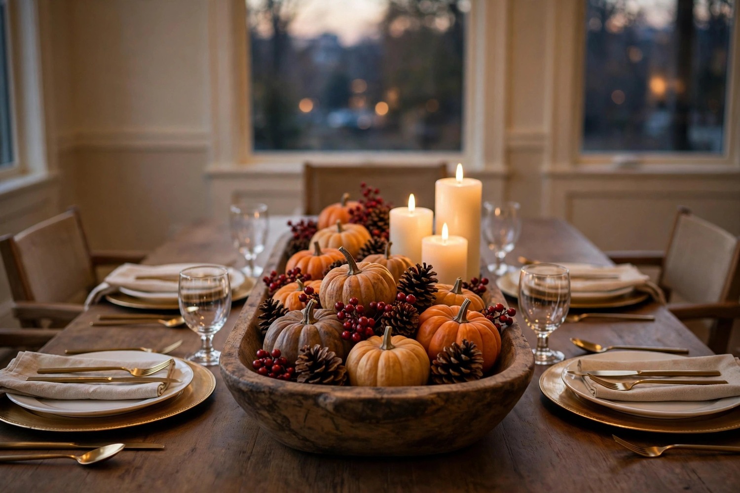 Thanksgiving dinner table with harvest centerpiece, pillar candles, and gold place settings