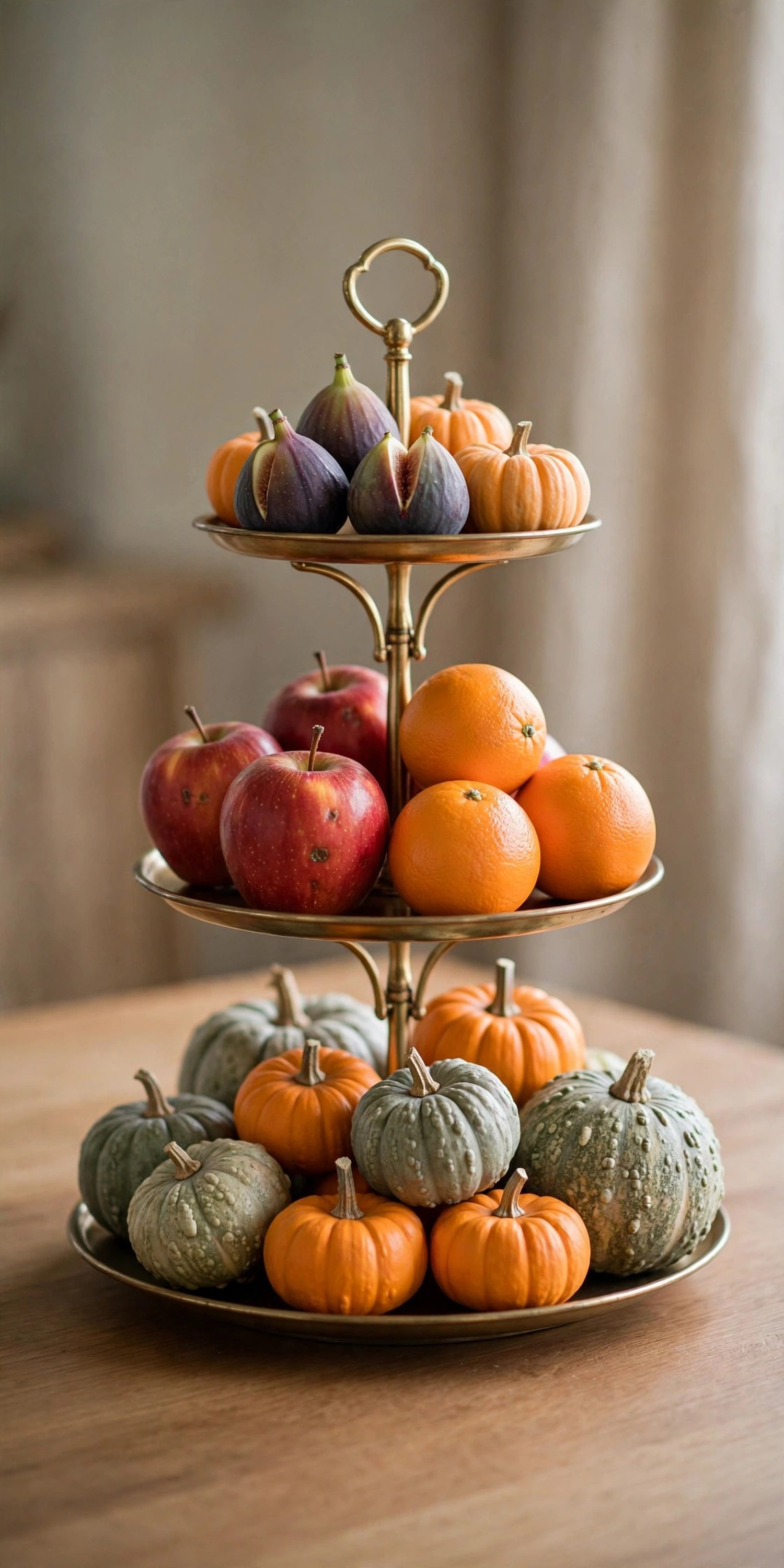 Tiered stand with pumpkins and fruit as a Thanksgiving table centerpiece