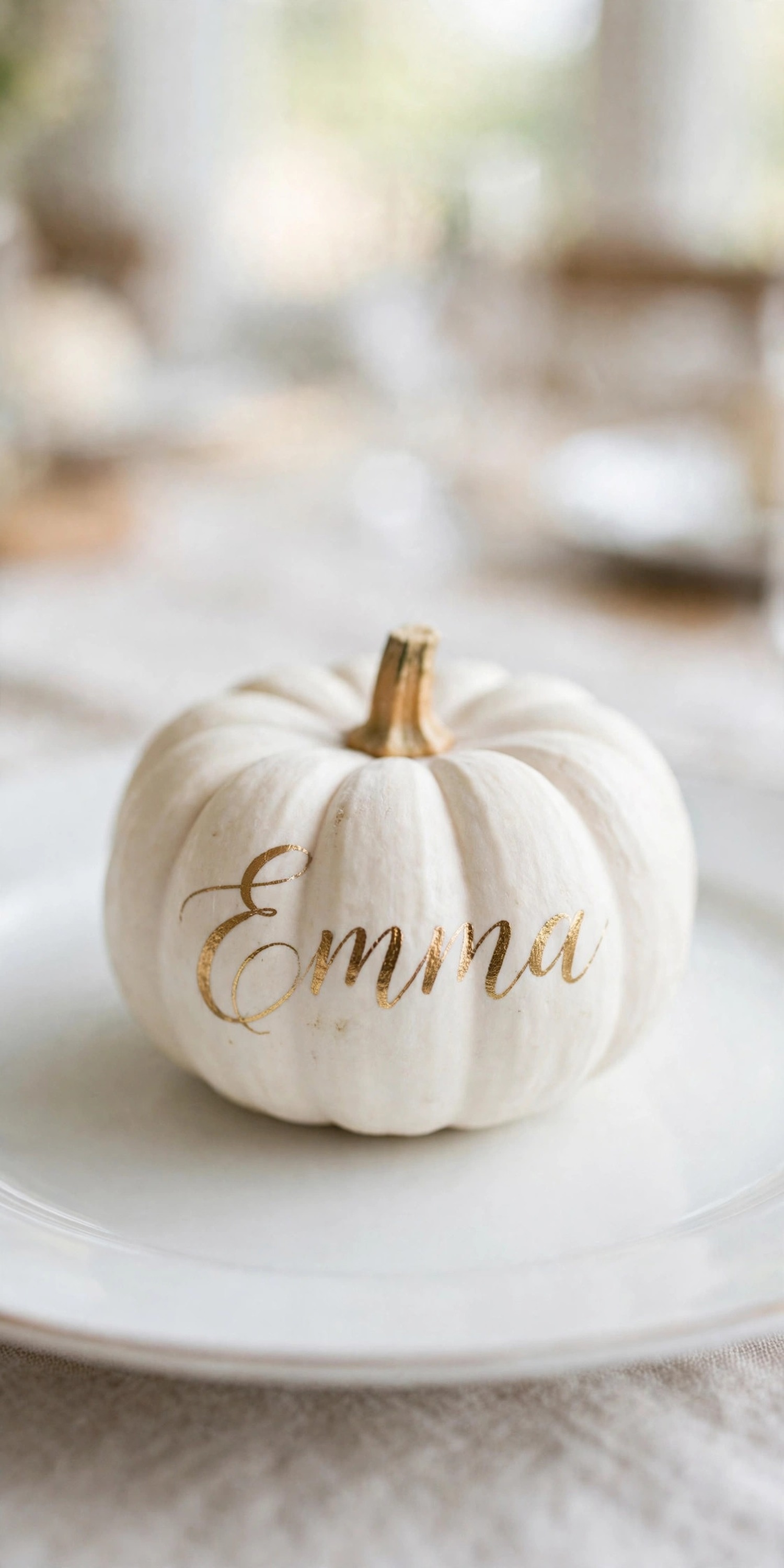 Mini pumpkin place card with guest name in gold marker on a white plate