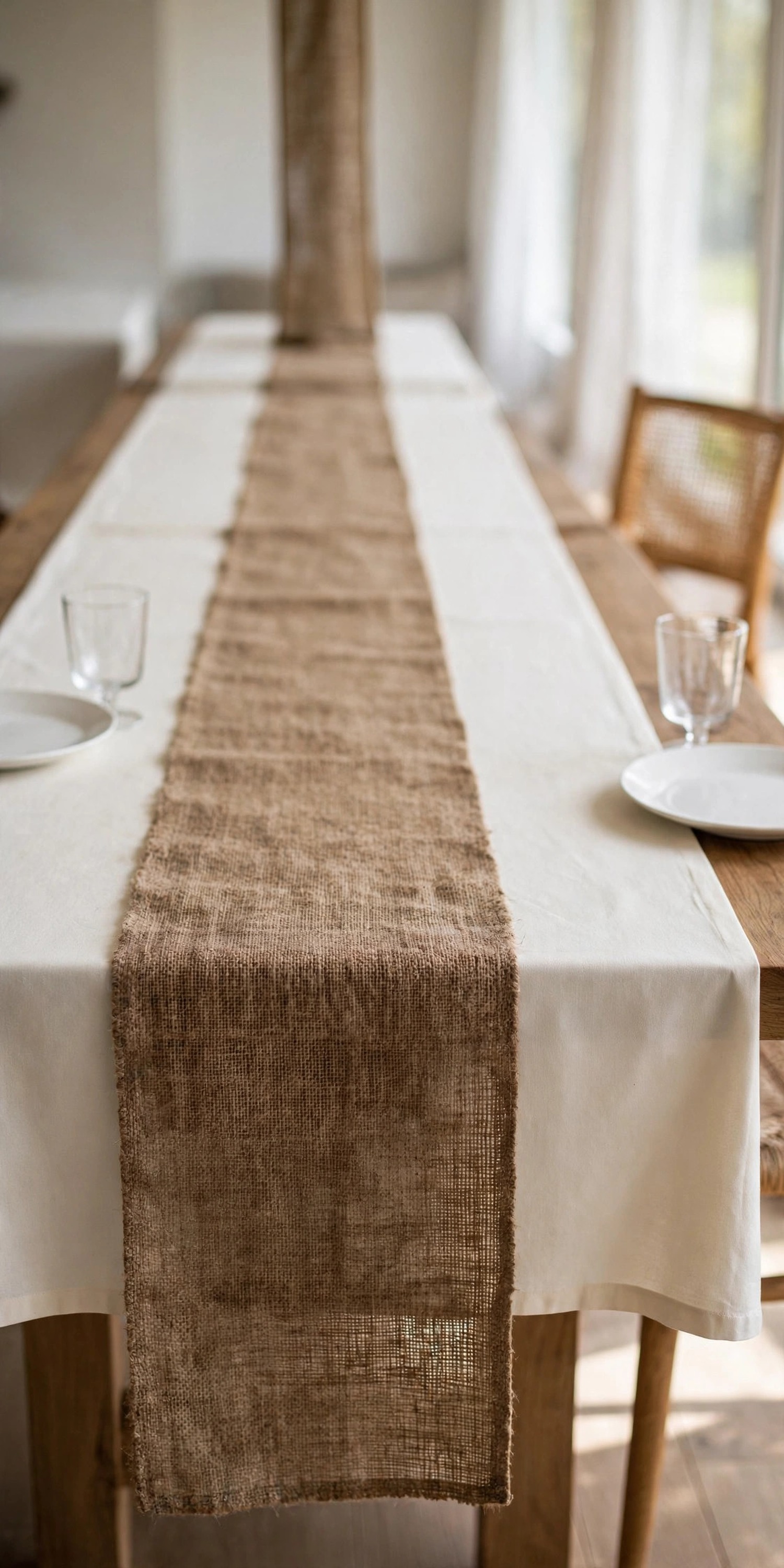 Burlap runner layered over a cream tablecloth on a Thanksgiving dining table