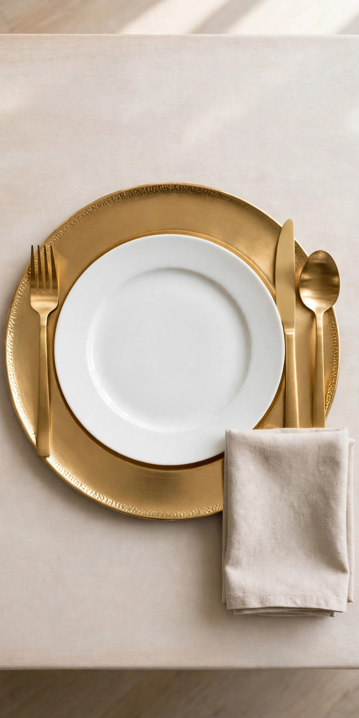 Thanksgiving place setting with gold flatware, white plates, and gold charger