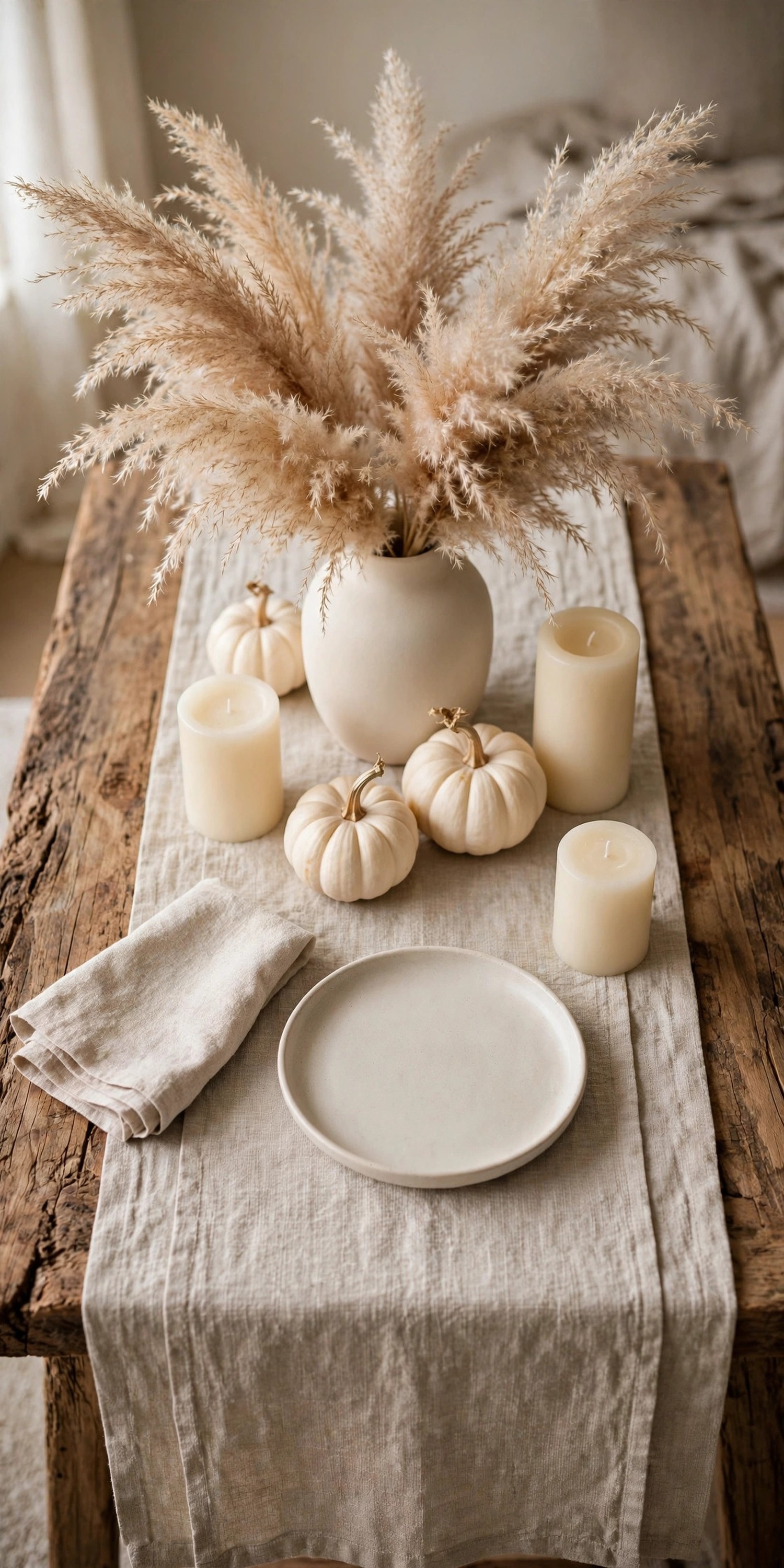 Neutral Thanksgiving table with white pumpkins, pampas grass, and cream candles