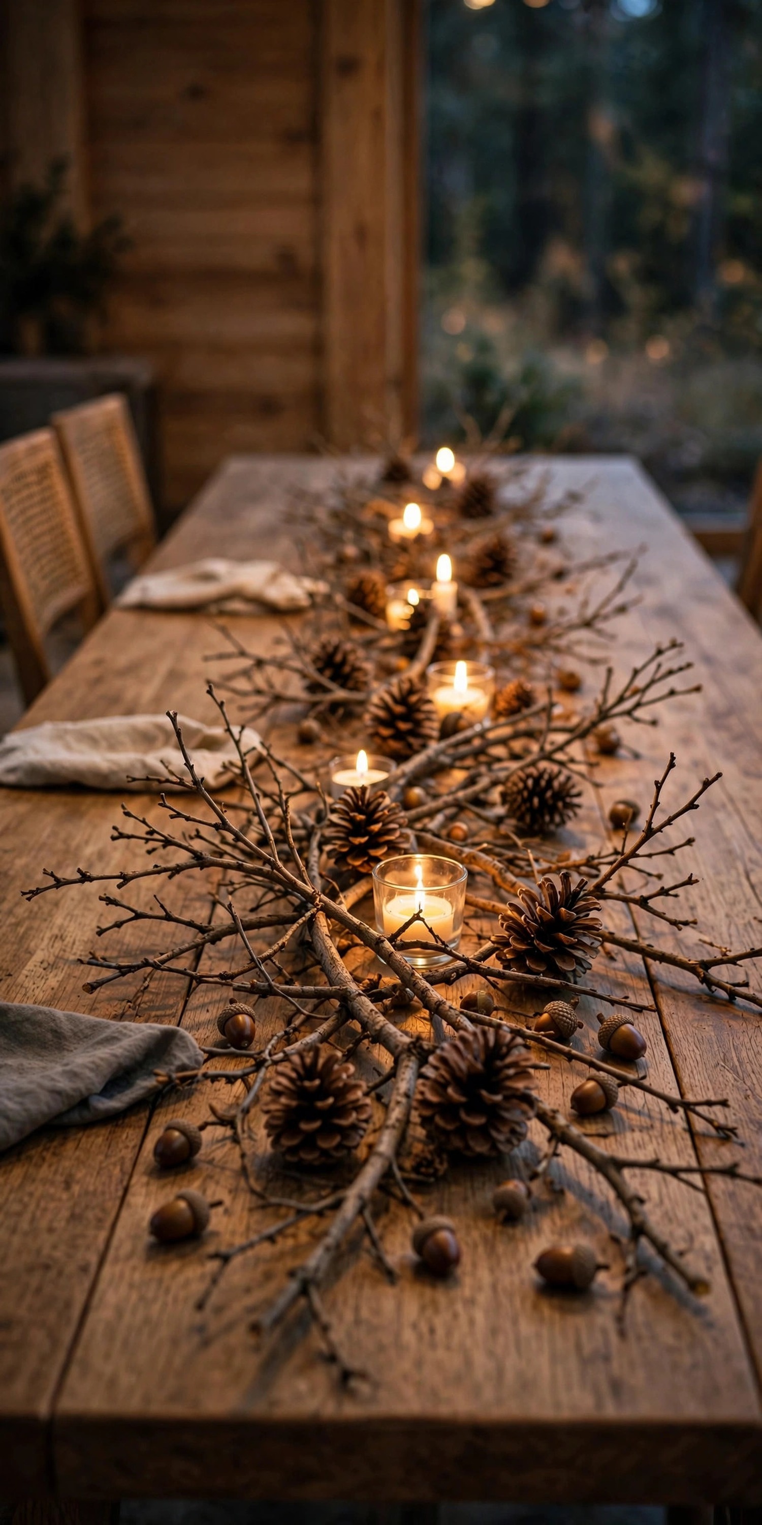 Foraged table runner with pinecones, acorns, and branches down a wood table