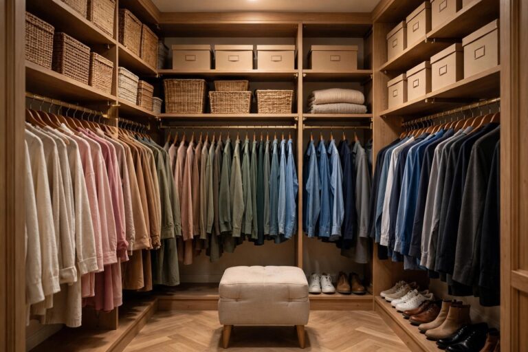 Organized walk-in closet with color-arranged clothing, woven baskets and shoe shelves