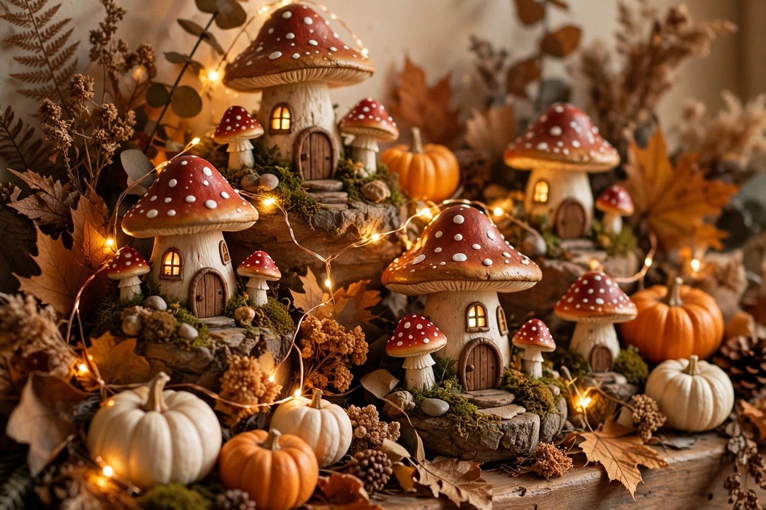 whimsical fall mantel styled with tiny mushroom houses, warm fairy lights, and colorful pumpkins