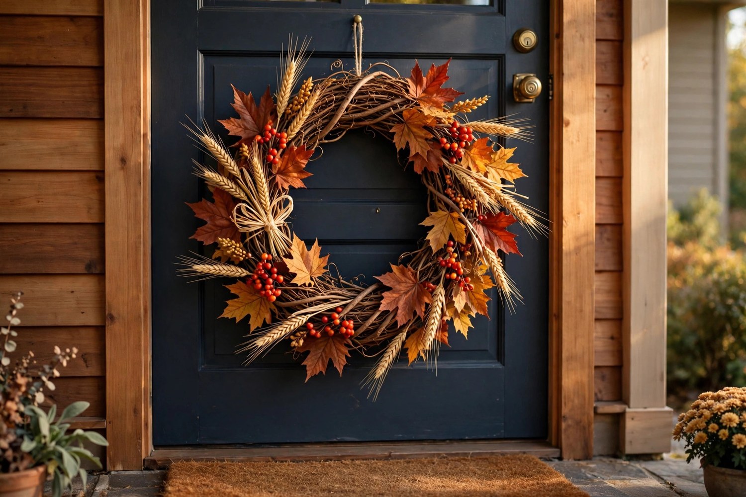 Fall wreath with dried leaves, berries and wheat on front door