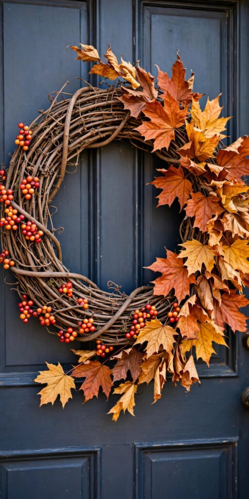 Fall grapevine wreath with dried leaves and berries on front door