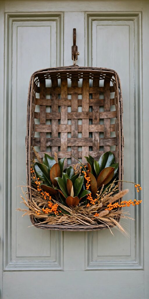 Tobacco basket fall door hanging with magnolia leaves