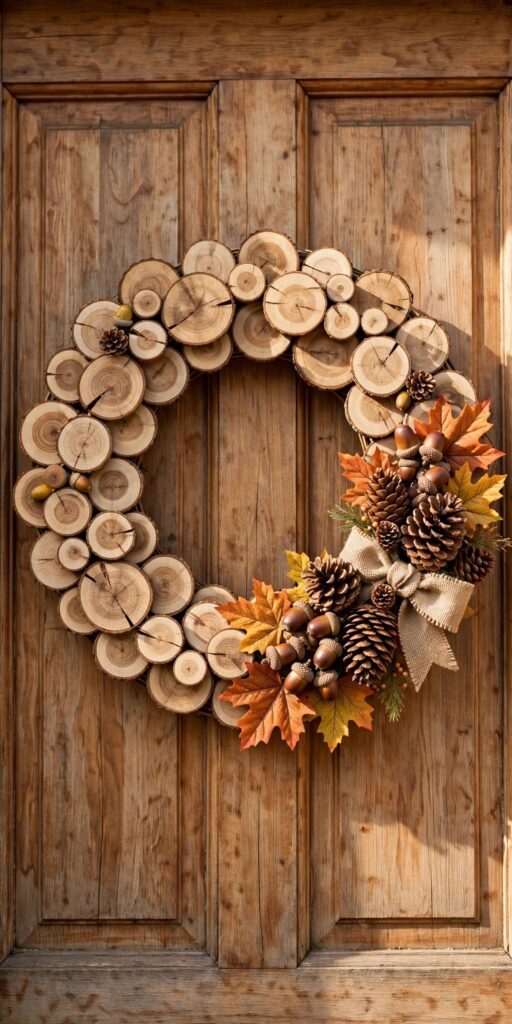 Rustic wood slice fall wreath on front door