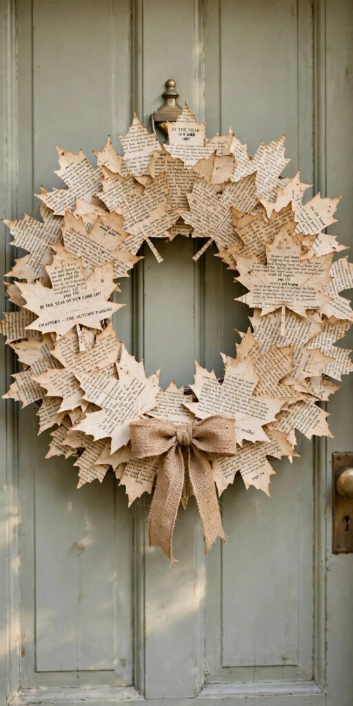Vintage book page leaf fall wreath on front door