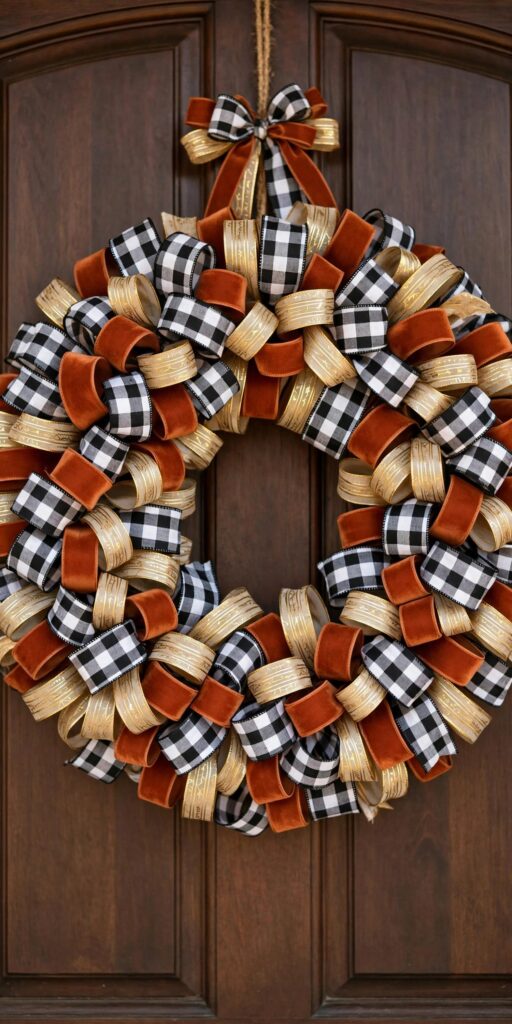 Ribbon loop fall wreath in plaid and rust
