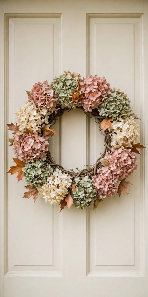 Dried hydrangea fall wreath on cream front door