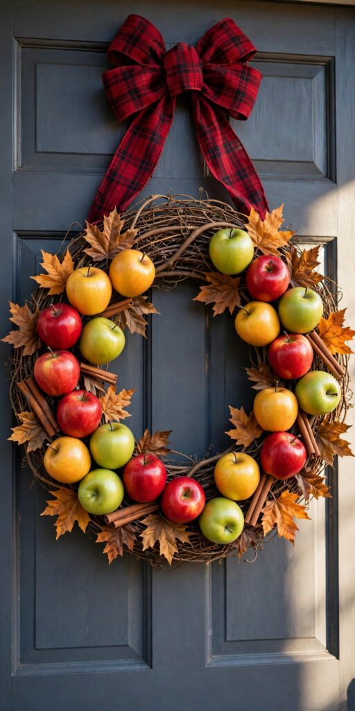 Orchard apple fall wreath with plaid ribbon