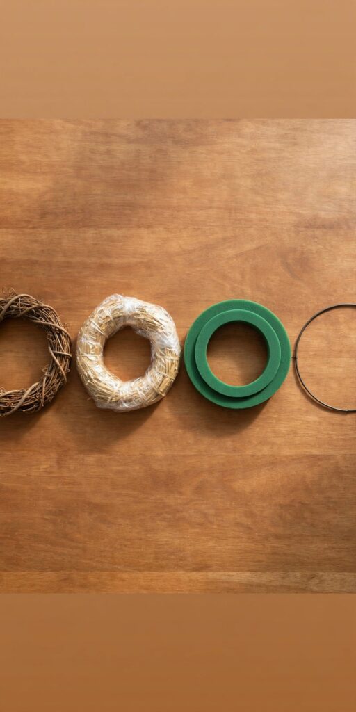 Fall wreath bases: grapevine, straw, foam and wire hoop