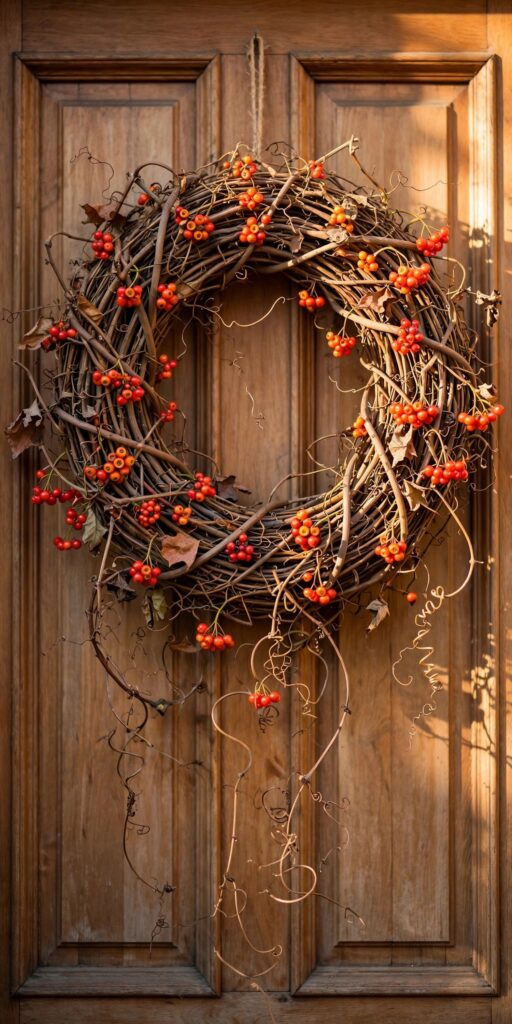Bittersweet vine fall wreath with orange berries on front door