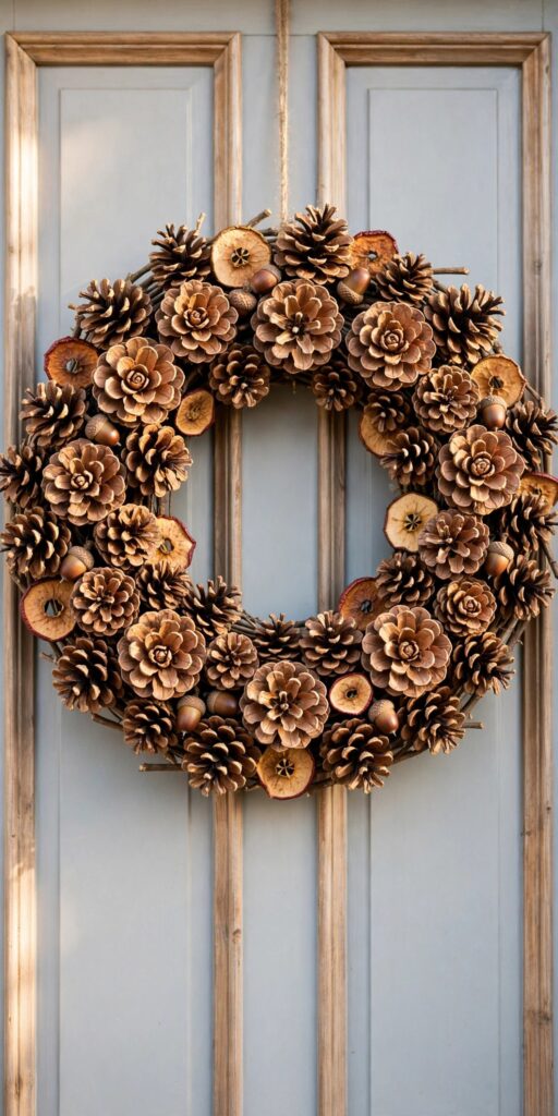 Foraged pinecone fall wreath on front door