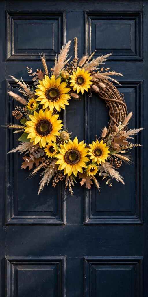 Sunflower fall wreath on navy front door