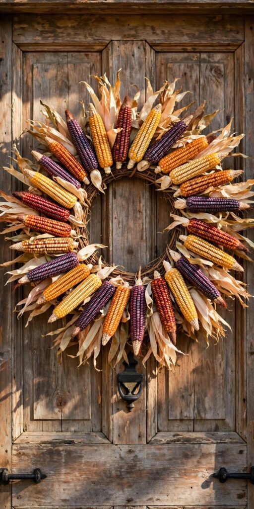 Flint corn fall wreath on rustic front door