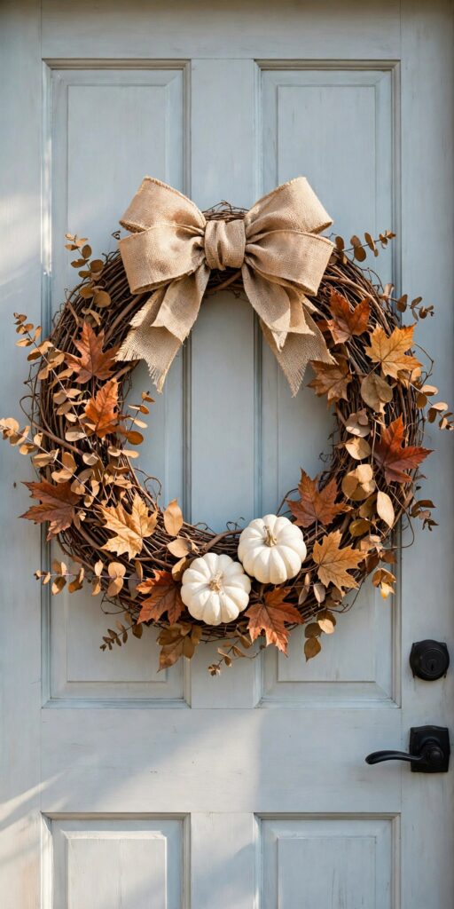 White pumpkin and burlap fall wreath on front door