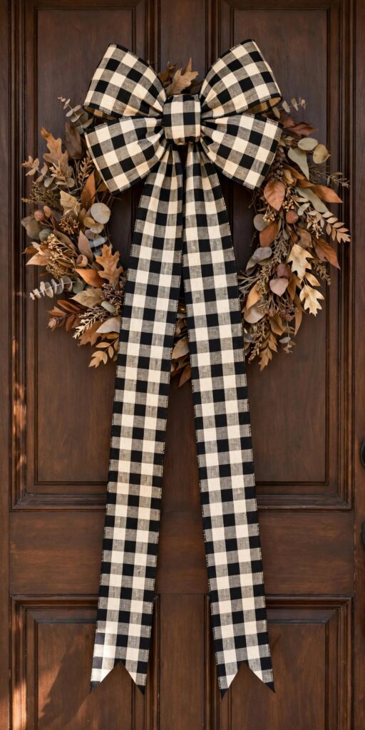 Fall wreath with oversized buffalo check plaid bow